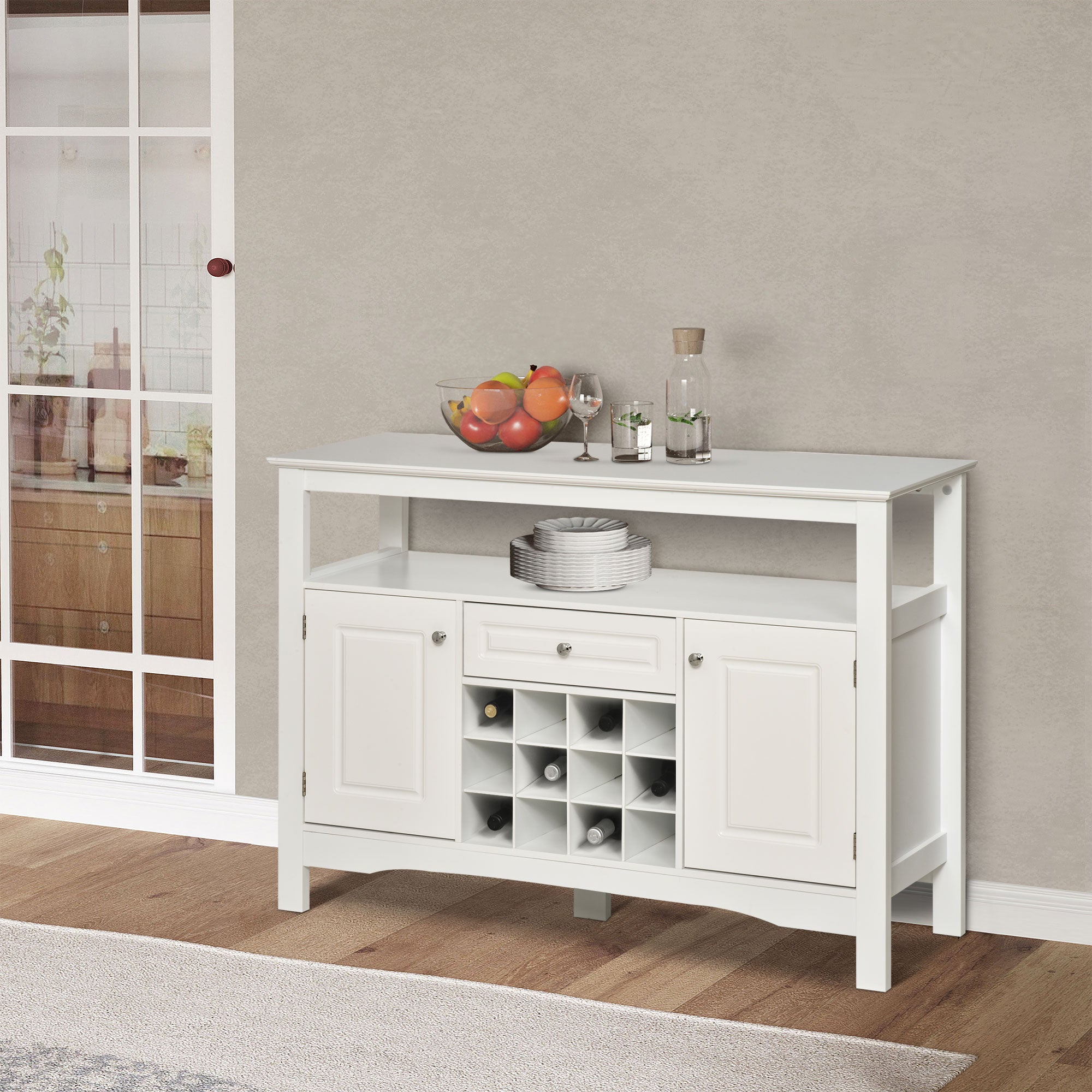HOMCOM White Buffet Credenza: Sideboard Bar Cabinet Storage Cabinet with Drawer for Kitchen, Living Room, Bright White