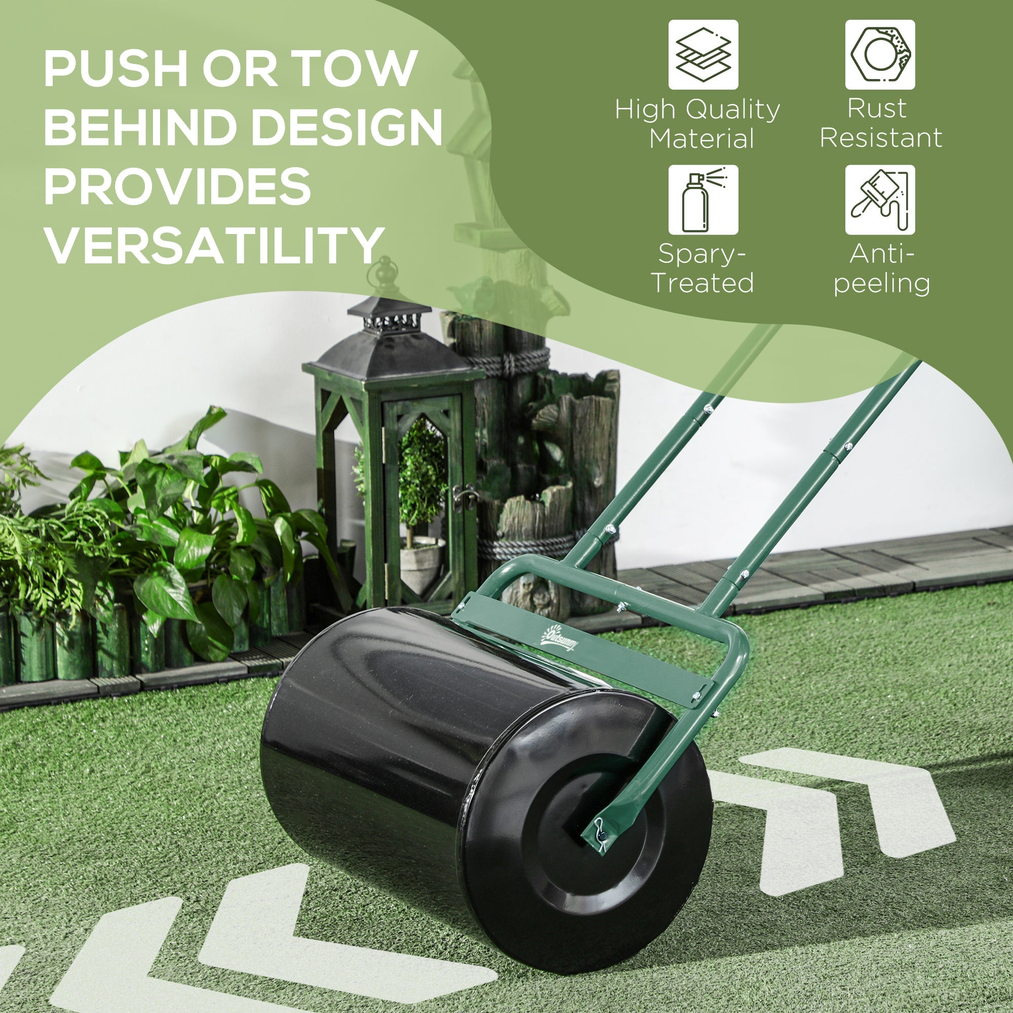 Outsunny Heavy Duty Lawn Roller, 20" Push/Tow Behind Sod Roller, Grass Flattener Filled with 10gal Water/136lbs Sand Green