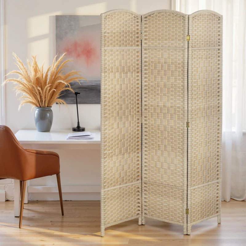 6 Ft Tall Folding Room Divider, 3 Panel Portable Privacy Screen, Hand-Woven Partition Wall Divider, Light Oak
