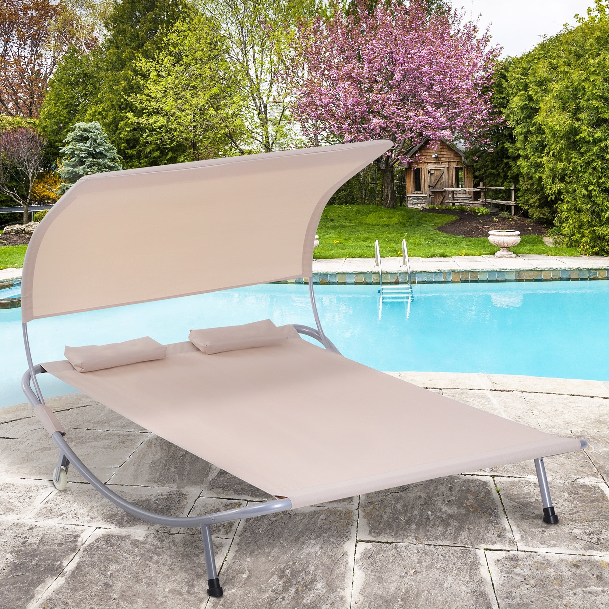 Outsunny 79" Double Chaise Lounge Outdoor with Canopy, Hammock Bed with Pillow & Wheels, Luxurious Sand Color