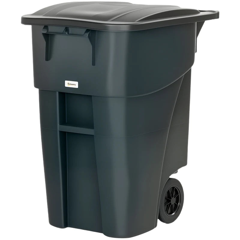 Outdoor Garbage Bin with Lid and Wheels, 53 Gallon Large Trash Can Garbage Can with Handle for Patio, Yard, Dark Grey