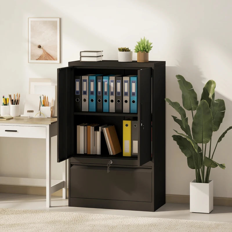 Lateral Filing Cabinet, Metal Storage Cabinet, Garage Cabinet with Double Locks, Adjustable Shelf and File Drawer, Black