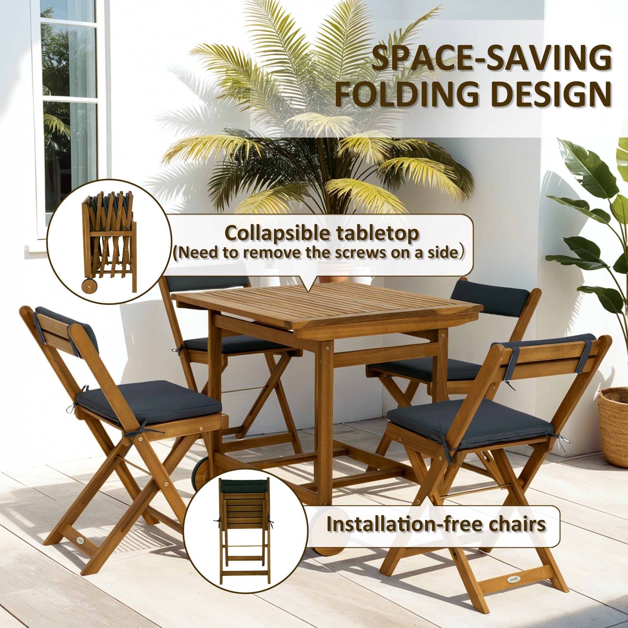 Outsunny 5 Pieces Wood Patio Dining Set, Wheeled Patio Table and Folding Chairs with Cushions for Garden Backyard Poolside, Teak