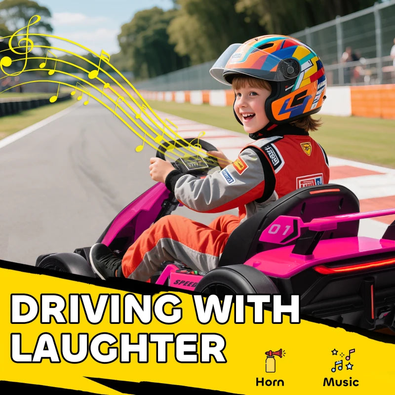 Aosom 24V Electric Go Kart, Battery Powered Kids Drift Kart with Adjustable Seat, Seat Belt, Horn, Music, Light, Pink