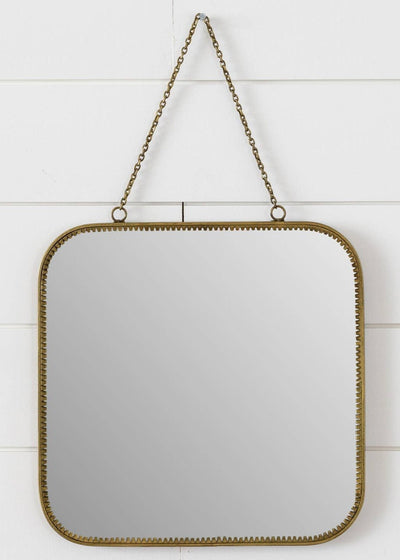 Brass Framed Mirror with Chain – 12"x12" Rounded Square Wall Mirror, Vintage-Inspired Brass Finish