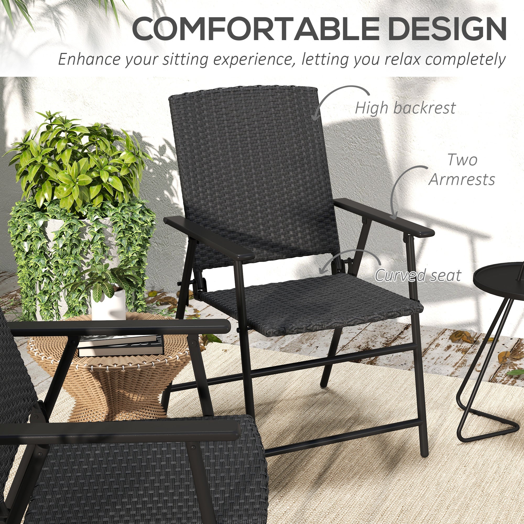 Outsunny 2PC Outdoor Wicker Dining Chairs Steel Frame Patio Furniture Black