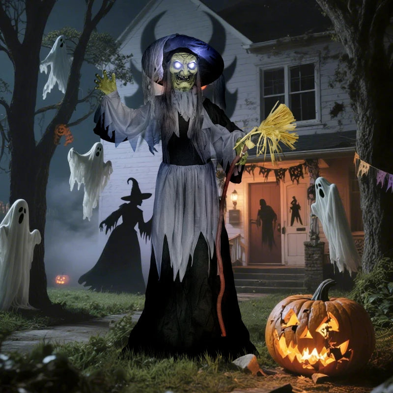 Outsunny Standing Animated Witch – Voice-Activated, Spinning Head & Flashing Eyes, Indoor Halloween Prop