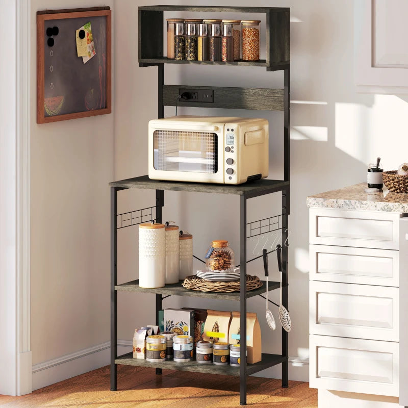Baker's Rack with Charing Station, Microwave Shelf with Power Outlet, USB Charger and 5 Hooks, Distressed Grey