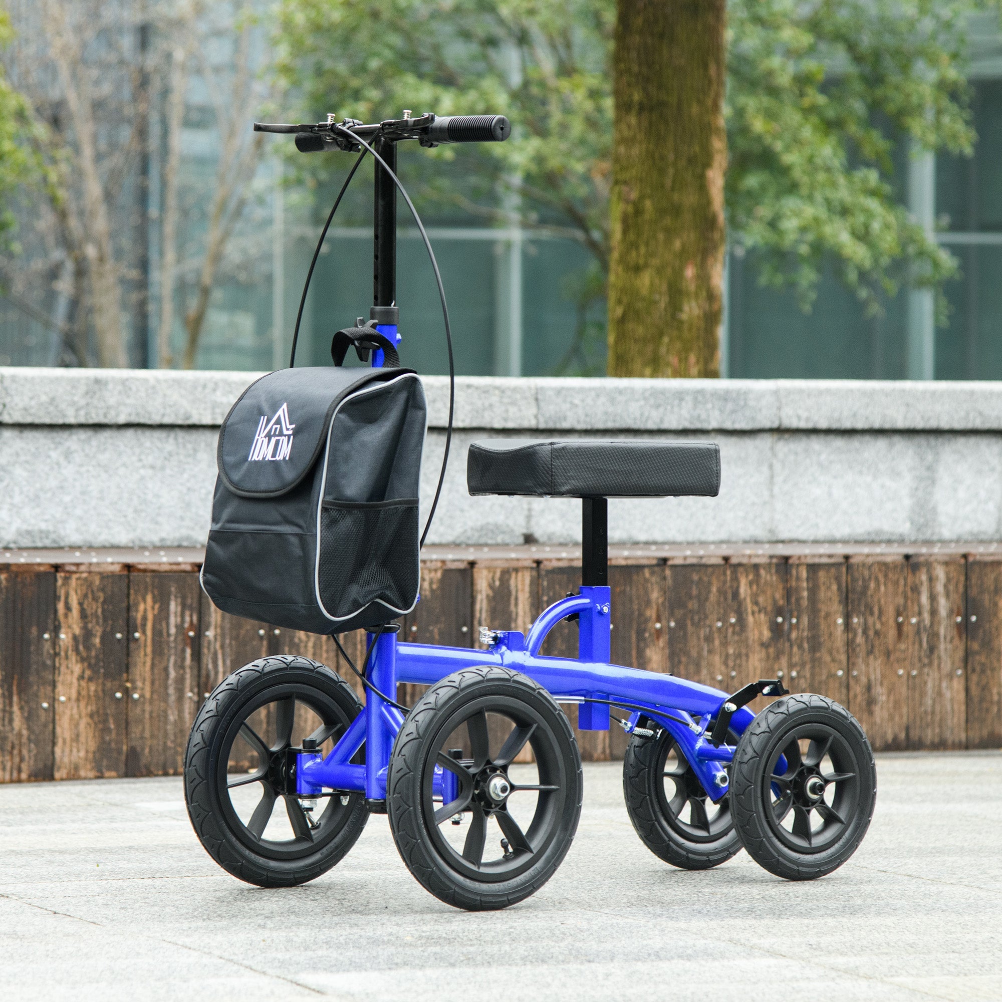 HOMCOM Adjustable Steerable Knee Walker, Foldable Knee Scooter with Rubber Wheels, Dual Brake, Crutch Alternative, Blue