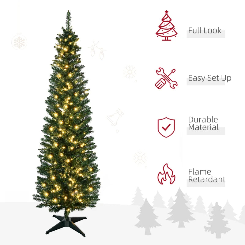 HOMCOM 5' Tall Pre-Lit Slim Noble Fir Artificial Pencil Christmas Tree with Realistic Branches, 110 Warm White LED Lights and 294 Tips, Green