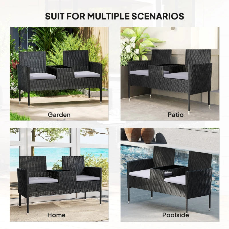 Patio Furniture w/ Mid-Table PE Rattan Loveseat w/ Cushion, Light Grey