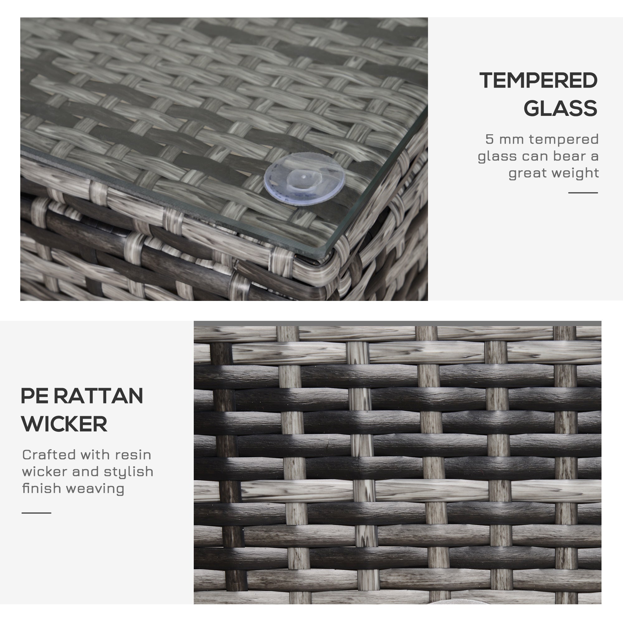 Outsunny Patio Side Table Outdoor Garden PE Rattan Wicker with Glass Top Balcony Furniture Mixed Grey