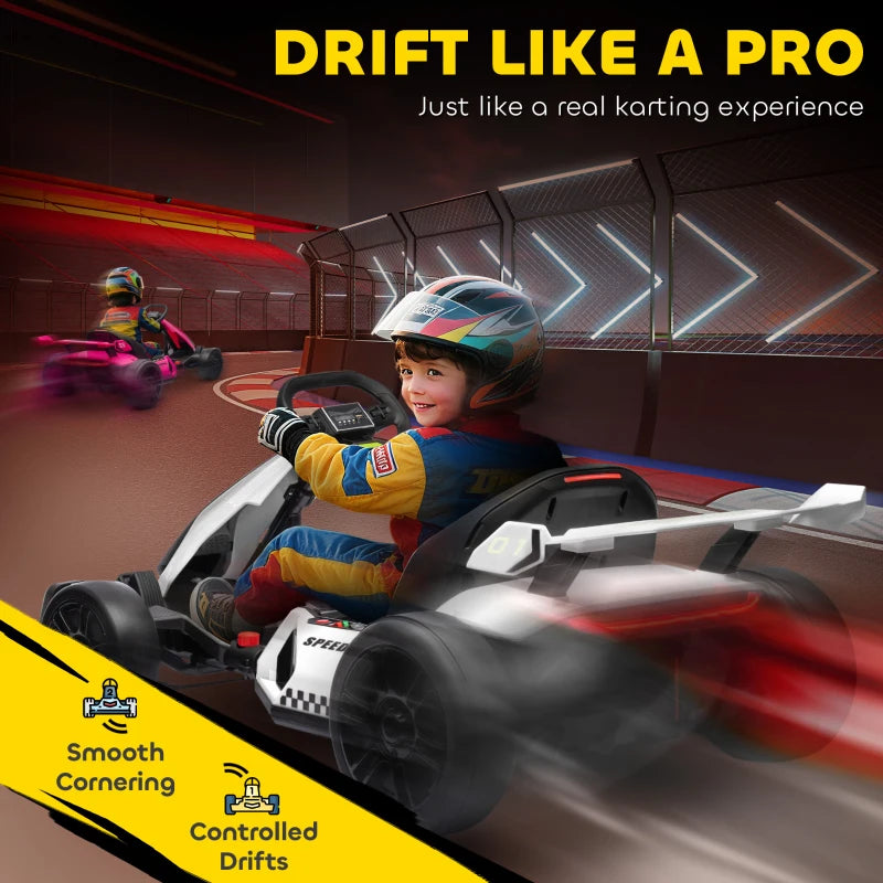 Aosom 24V Electric Go Kart, Battery Powered Kids Drift Kart with Adjustable Seat, Seat Belt, Horn, Music, Light, White