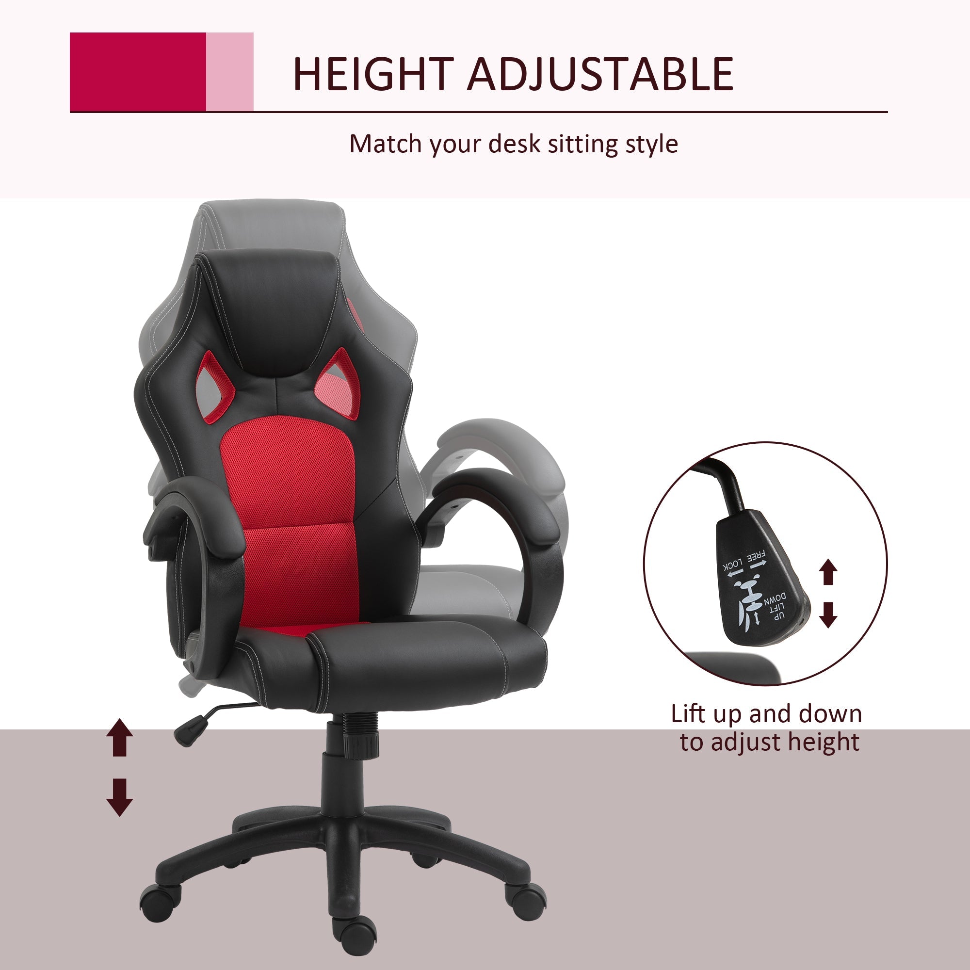 HOMCOM Ergonomic Gaming Chair, High Back, Swivel Office Chair with Wheels, Headrest, Tilt, Red
