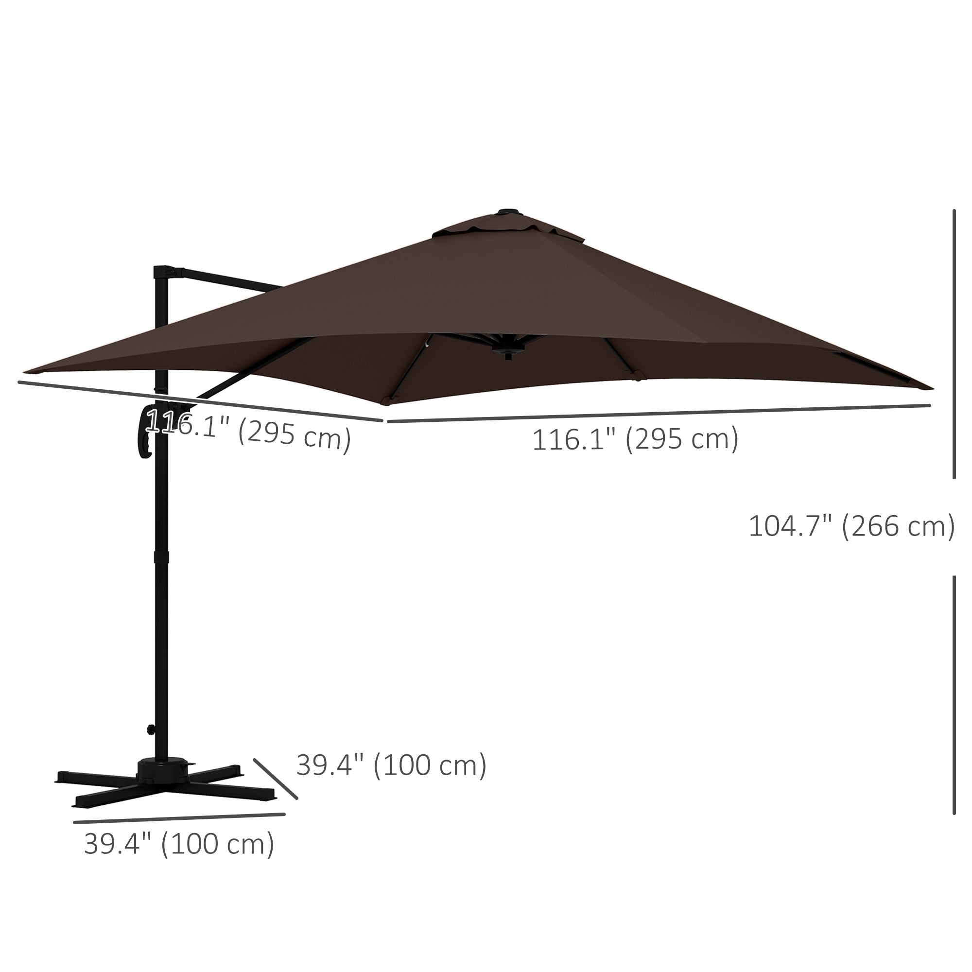 Outsunny 10x10ft Cantilever Umbrella Square Market Parasol Adjustable Outdoor Patio Shade Coffee Rotatable