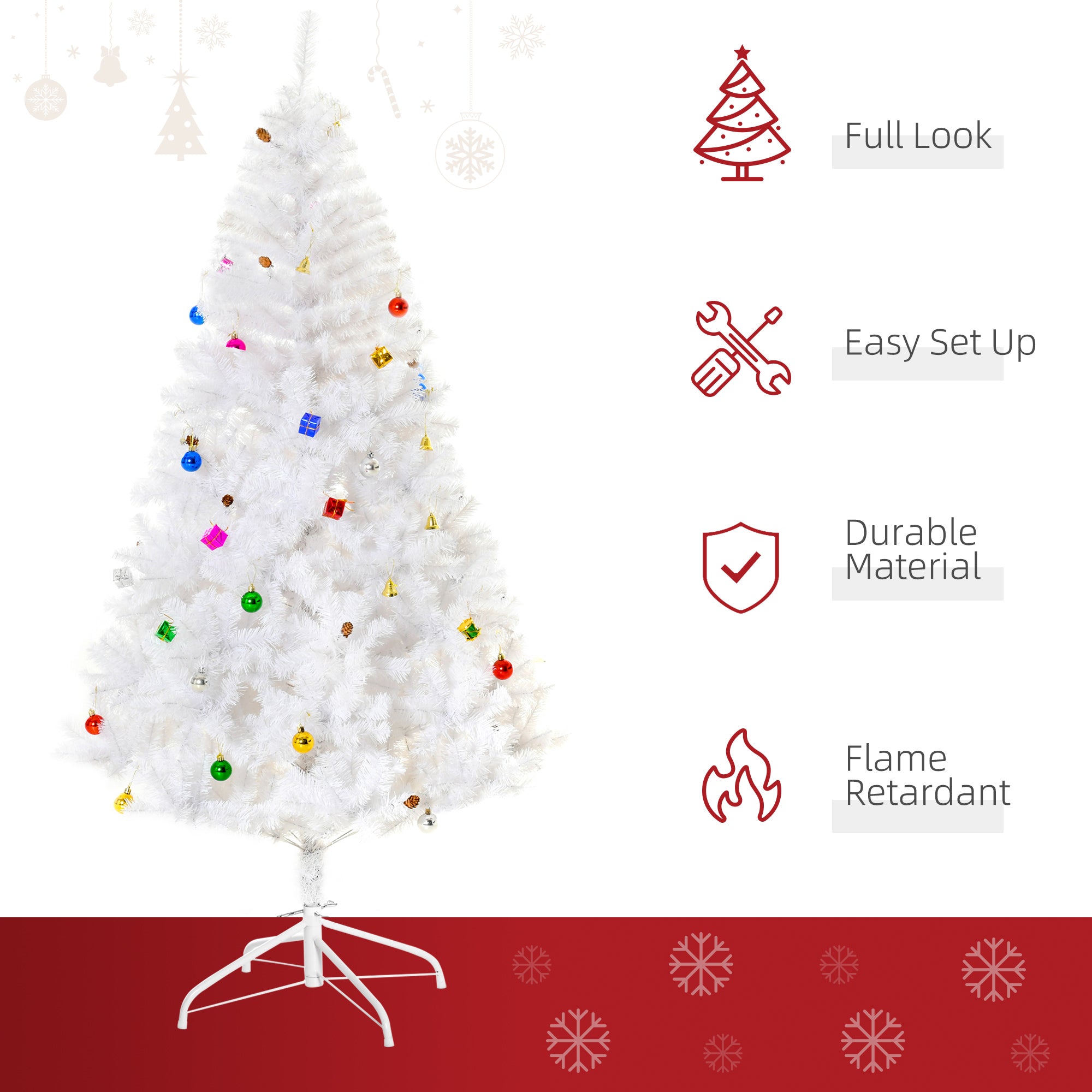HOMCOM 6ft White Artificial Christmas Tree - Indoor Xmas Holiday Décor with Ornaments, Perfect for Festive Season