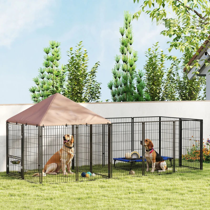 Outdoor Dog Kennel with Rotating and Adjustable Height Bowls, Waterproof UV-Resistant Cover, 11.3' x 4.7' x 5.1'