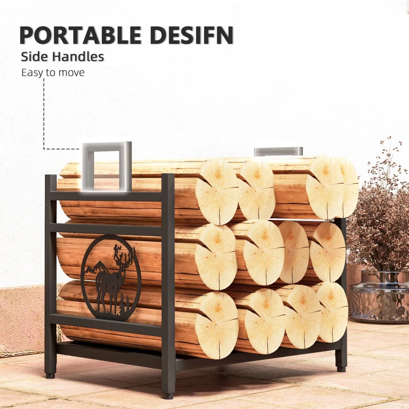 Decorative Firewood Rack Outdoor Indoor Steel Wood Storage Log Holder with Side Handles, 19.7" x 13.4" x 17.7", Black