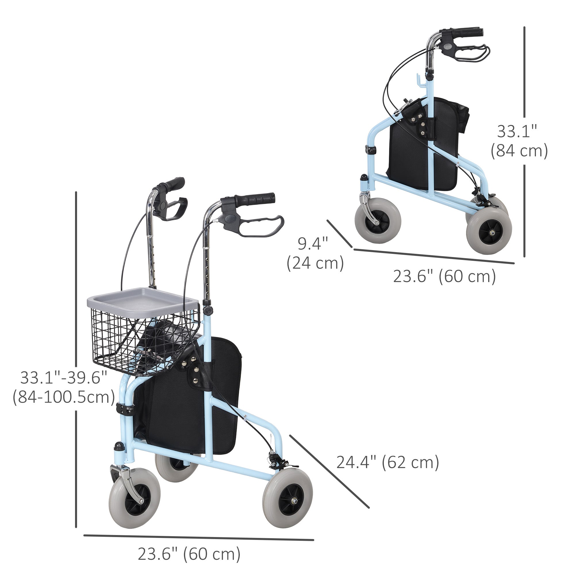 HOMCOM Upright Walker Up Rollator, Rolling Walker with Wheels, Storage Bag, Tray, Adjustable Handle Height, Blue