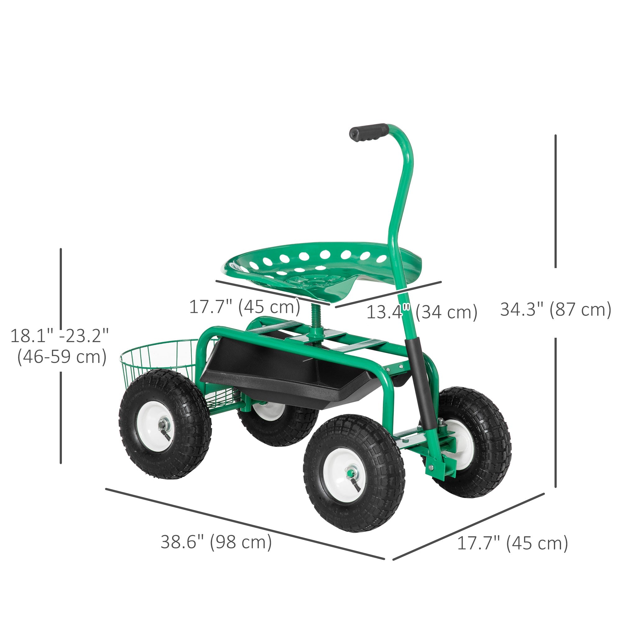 Outsunny Garden Scooter, Rolling Cart with Swivel and Adjustable Seat, Tool Tray, Bucket Basket, Green and Black
