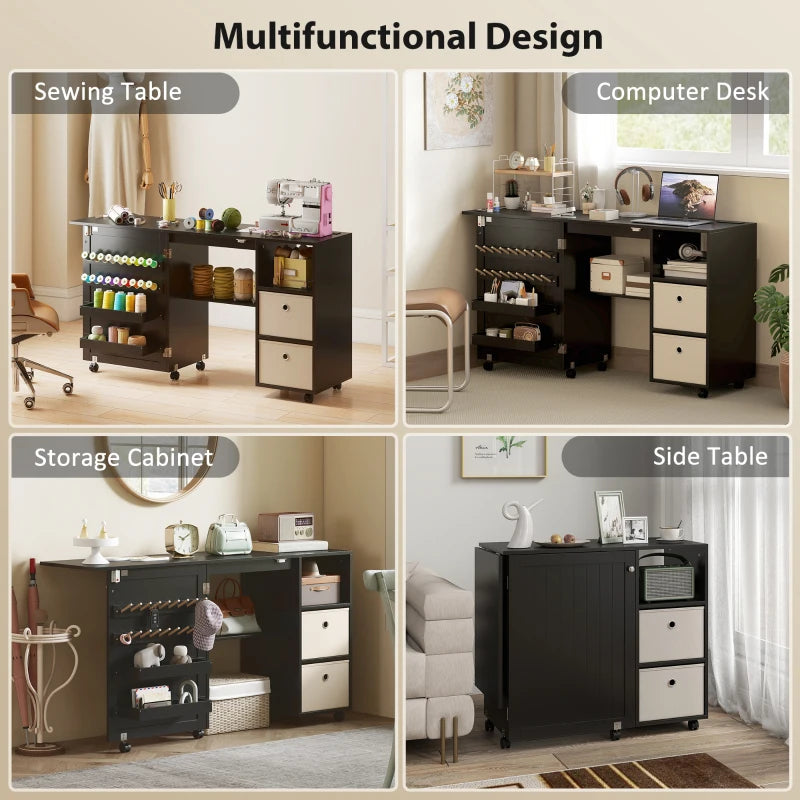 Rolling Sewing Machine Table with Power Outlet, Folding Craft Table with 2 Fabric Drawers, 2 Bins and 18 Pegs, Black