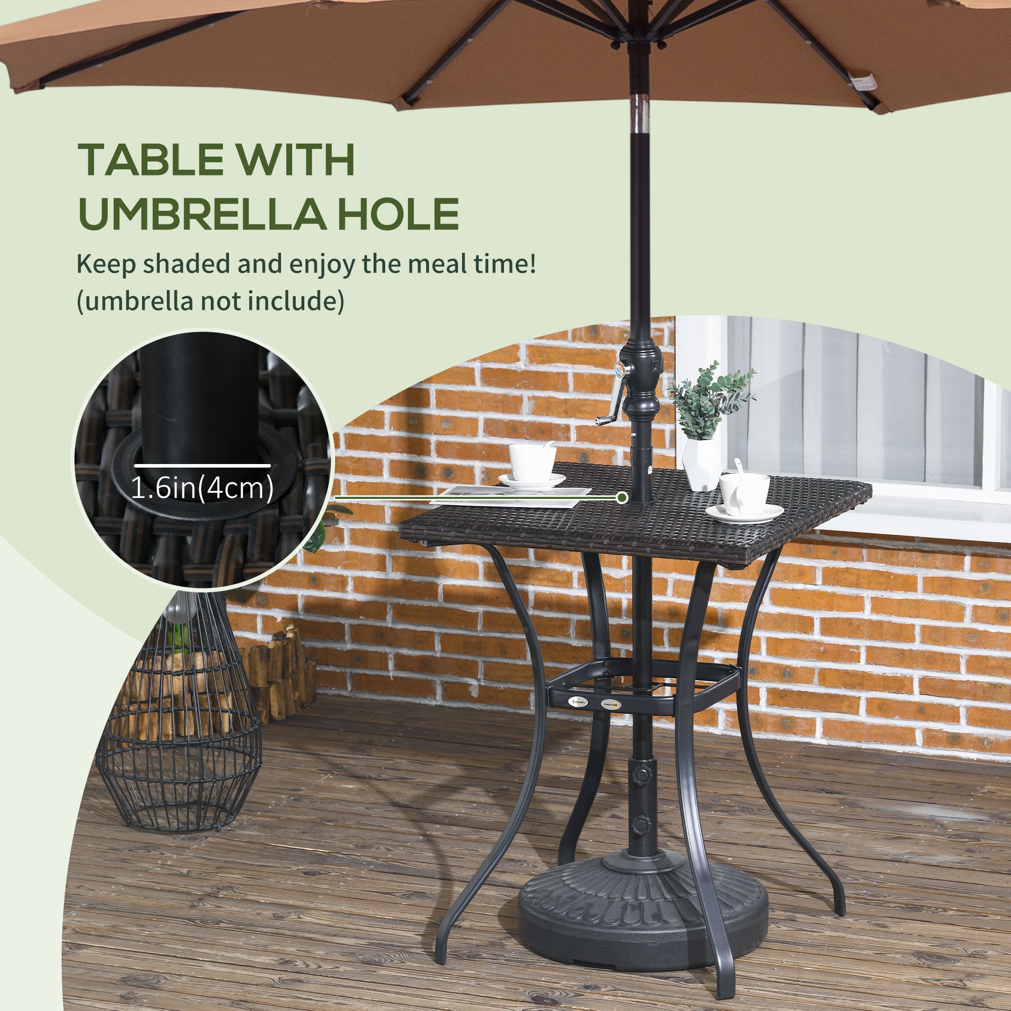 Outsunny Wicker Patio Dining Table with Umbrella Hole Outdoor Rattan Coffee Table for Garden Balcony Mixed Brown