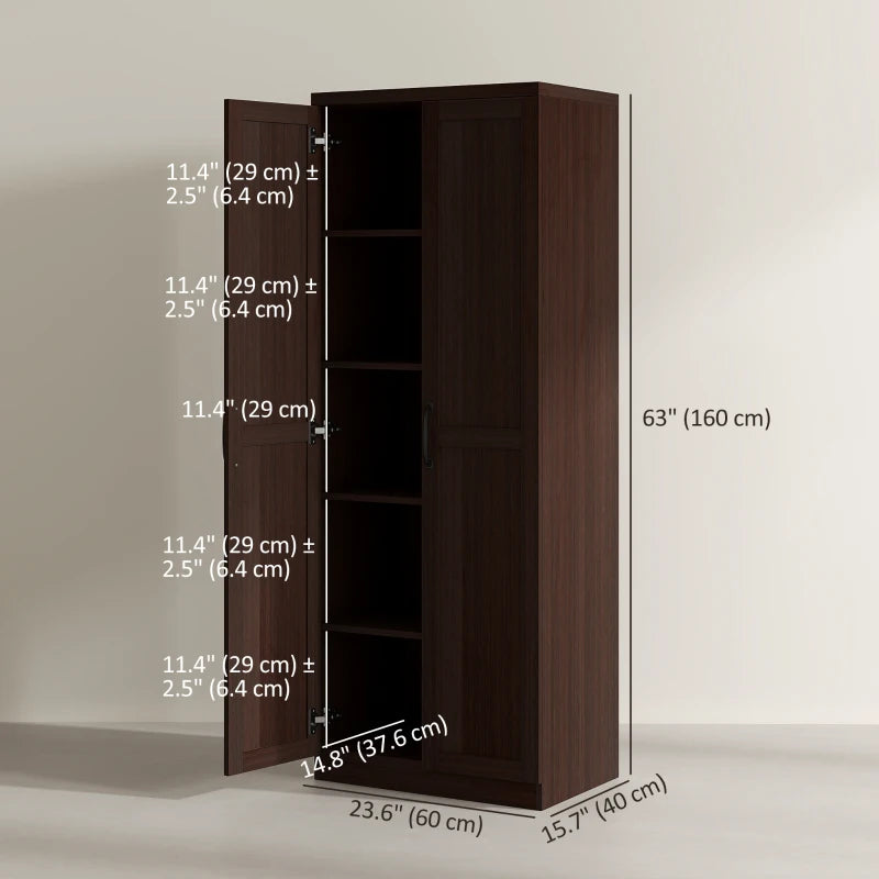63" Kitchen Storage Cabinet, 5-tier Pantry Cabinet with Doors and Adjustable Shelves for Dining Room, Dark Brown