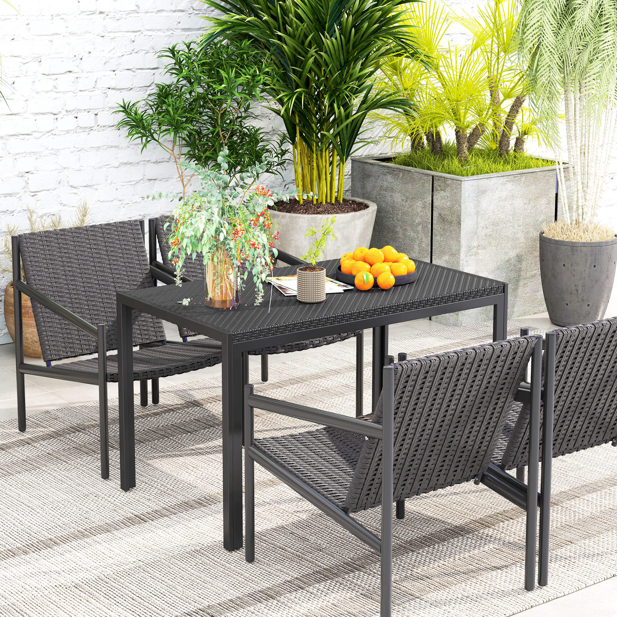 Outsunny Rectangular Outdoor Dining Table, 4-Seat Patio Table with PE Rattan Wicker Tabletop for Backyard and Lawn, Black