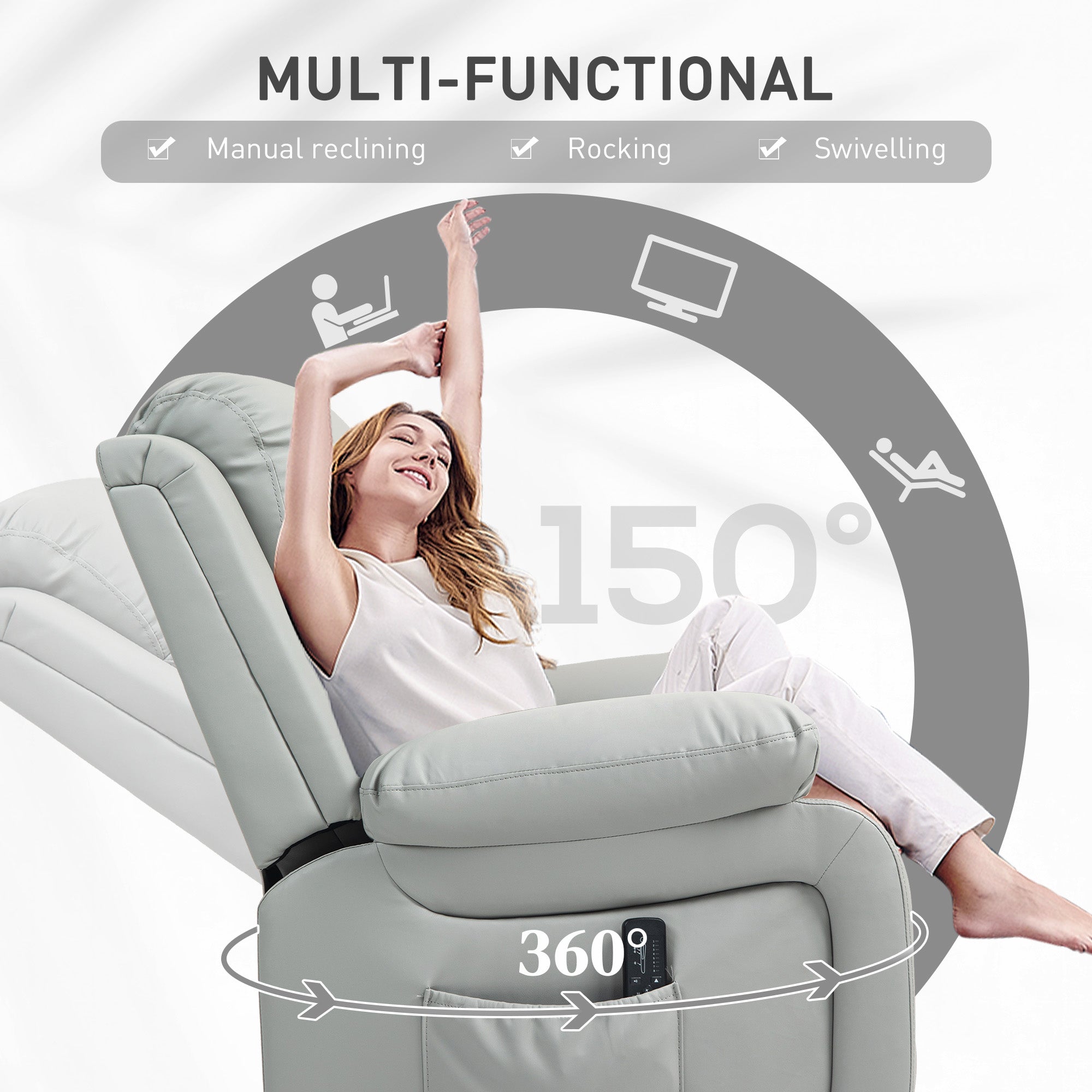 HOMCOM PU Leather Reclining Chair with Vibration Massage Rocker, Swivel Base, Rocking Function, Remote Control, Light Grey
