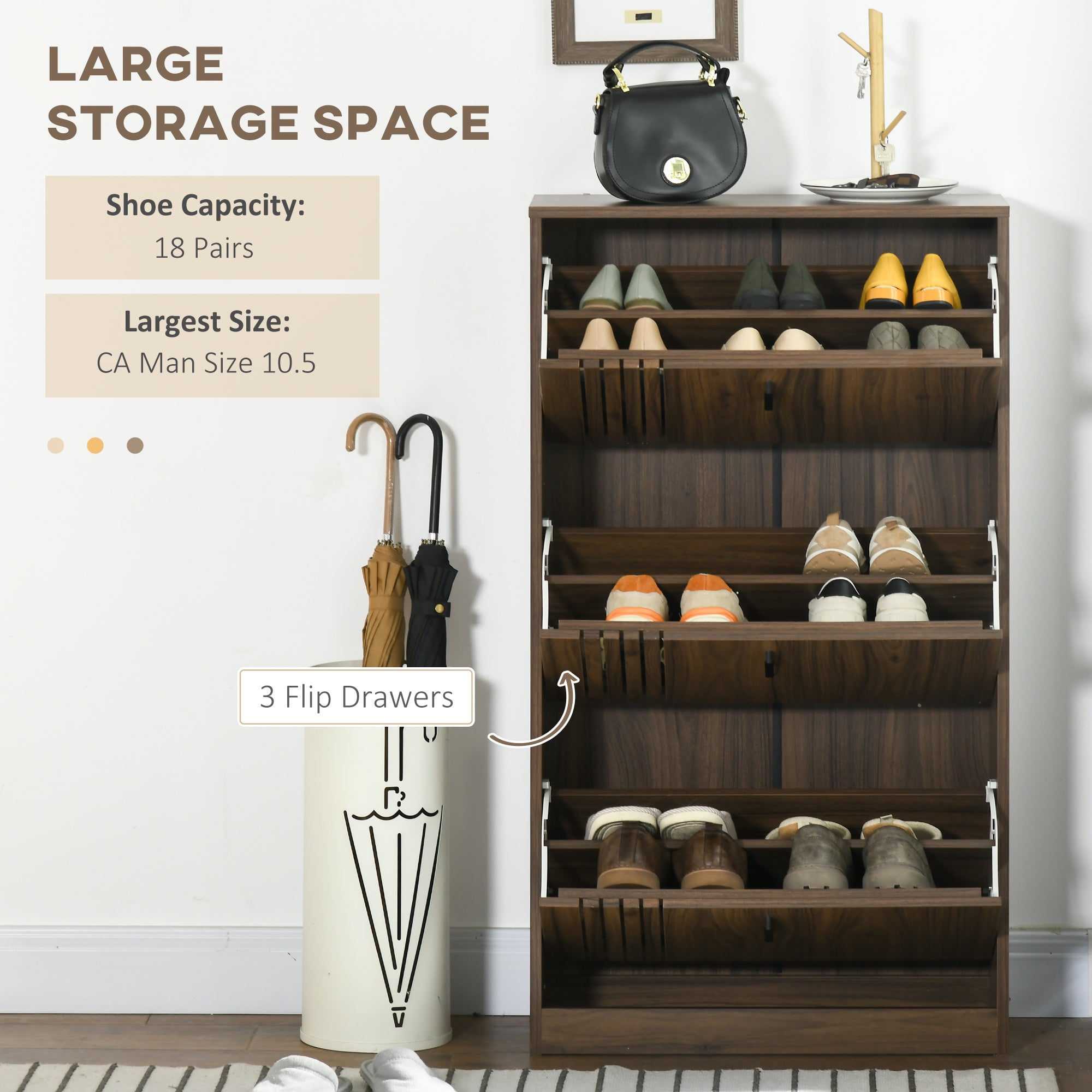HOMCOM Shoe Organizer Cabinet: 18 Pairs, Walnut, 3 Flip Drawers, Adjustable Shelves, Space Saving