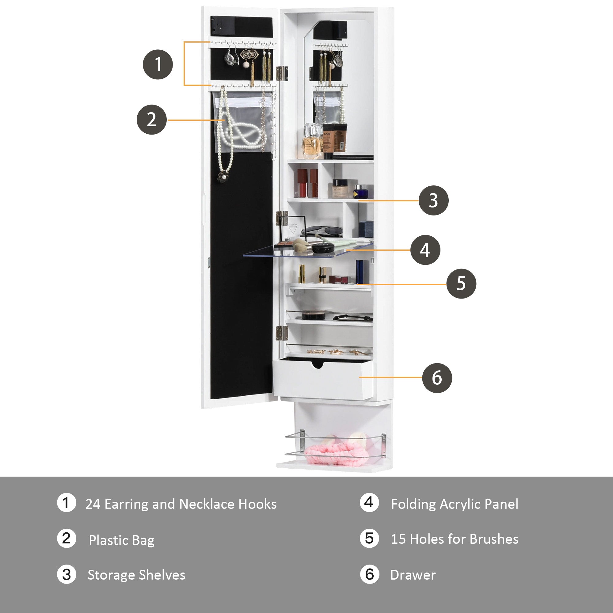 HOMCOM Wall-Mounted Jewelry Armoire: With LED Lights, Over-The-Door Mirror Storage Shelves