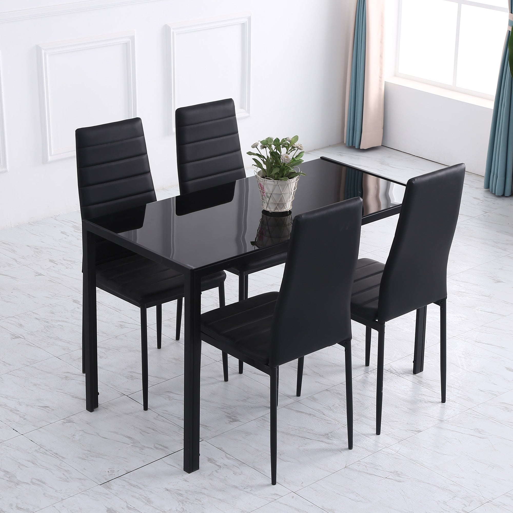HOMCOM Modern Dining Table for 4 Tempered Glass Top Metal Legs Kitchen Room Furniture Black