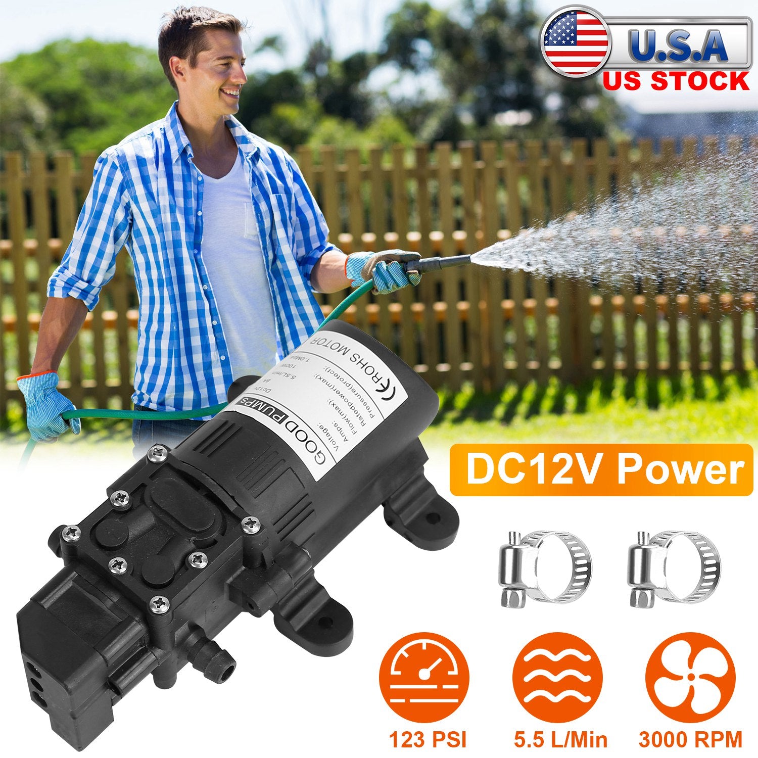 12V Water Pump with 2 Hose Clamps 123PSI Self Priming Sprayer Pump 100W Electric Diaphragm Water Pump 5.5L/Min for RV Camper Marine Boat