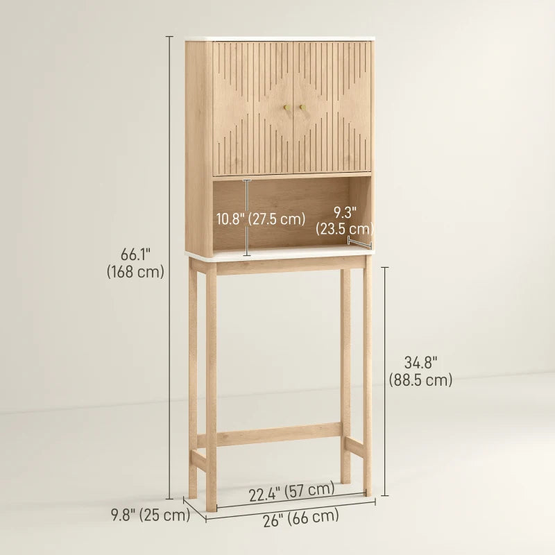 Over The Toilet Storage Cabinet with Adjustable Shelf, Open Shelf and Adjustable Bottom Bar, Oak