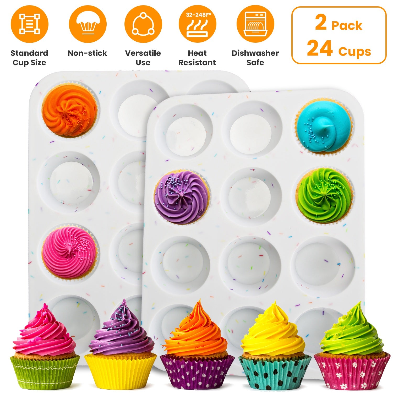 2 Pack 12 Cups Silicone Muffin Pans Nonstick Cupcake Tins Trays Regular Size Cupcake Molds Heat Resistant Oven Microwave Fridge Freezer Dishwasher Saf