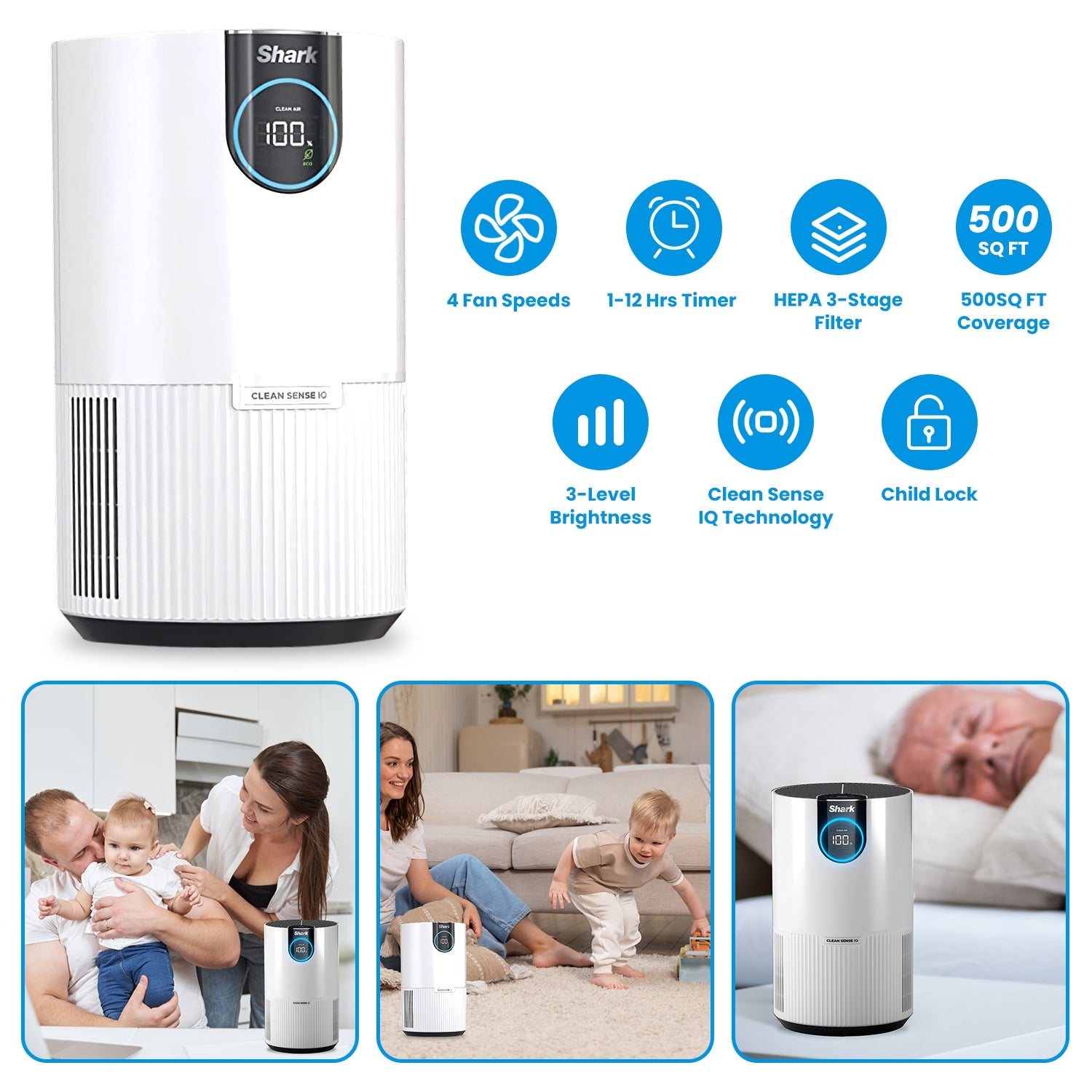 Shark HP102 Air Purifier with True HEPA Air Filter Covers Up To 500sq ft with 4 Fan Speeds Auto Modes Removes Smoke Dust Allergens Pollutants