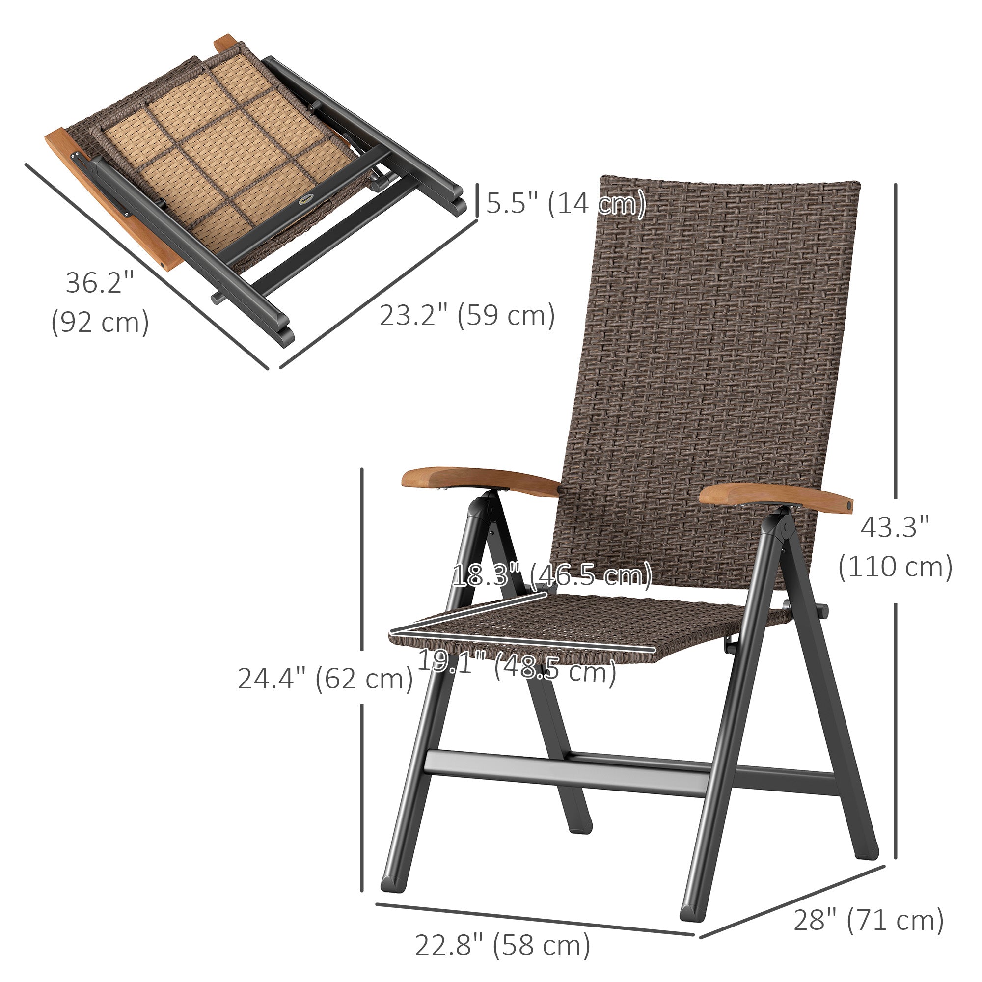 Outsunny Folding Patio Wicker Dining Chair with Steel Frame, Armrest, Backrest for Outdoor, Garden, Backyard, Brown