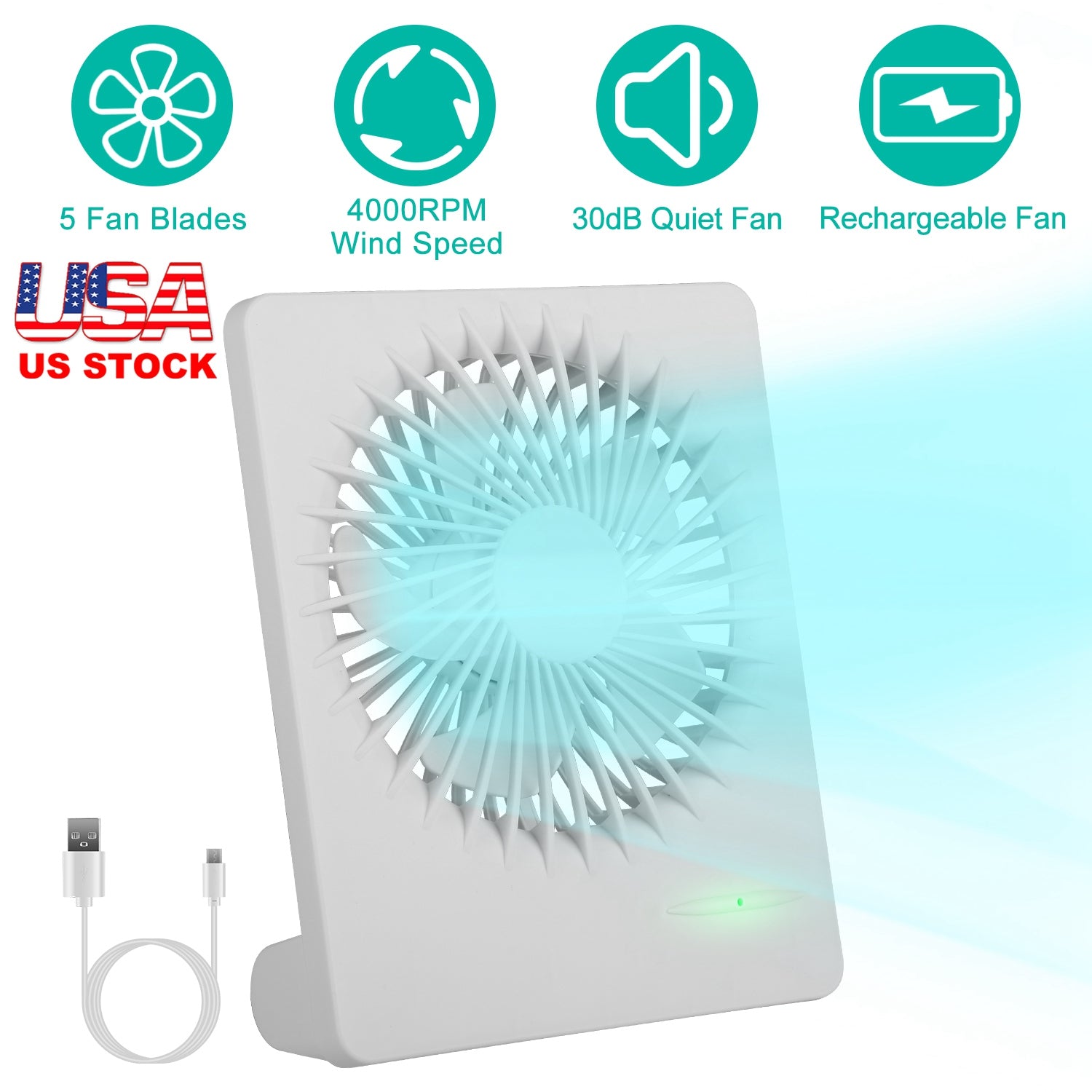 Portable Desk Fan USB Rechargeable Table Cooling Fan Quiet 5 Blades Desktop Fan with 3 Speeds Ajustment for Bedroom Office