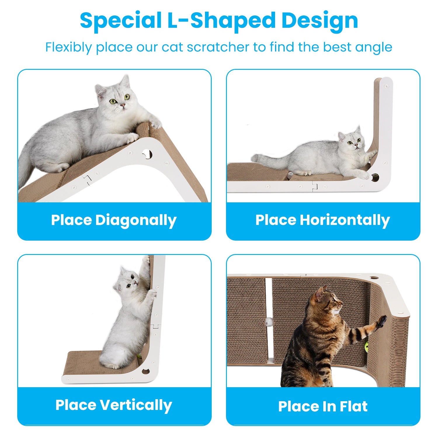 Indoor L Shaped Cat Scratcher with Cat Interactive Toy Cardboard 23.62in High Lounge Bed Furniture Protector Cat Kitten Scratching Pad