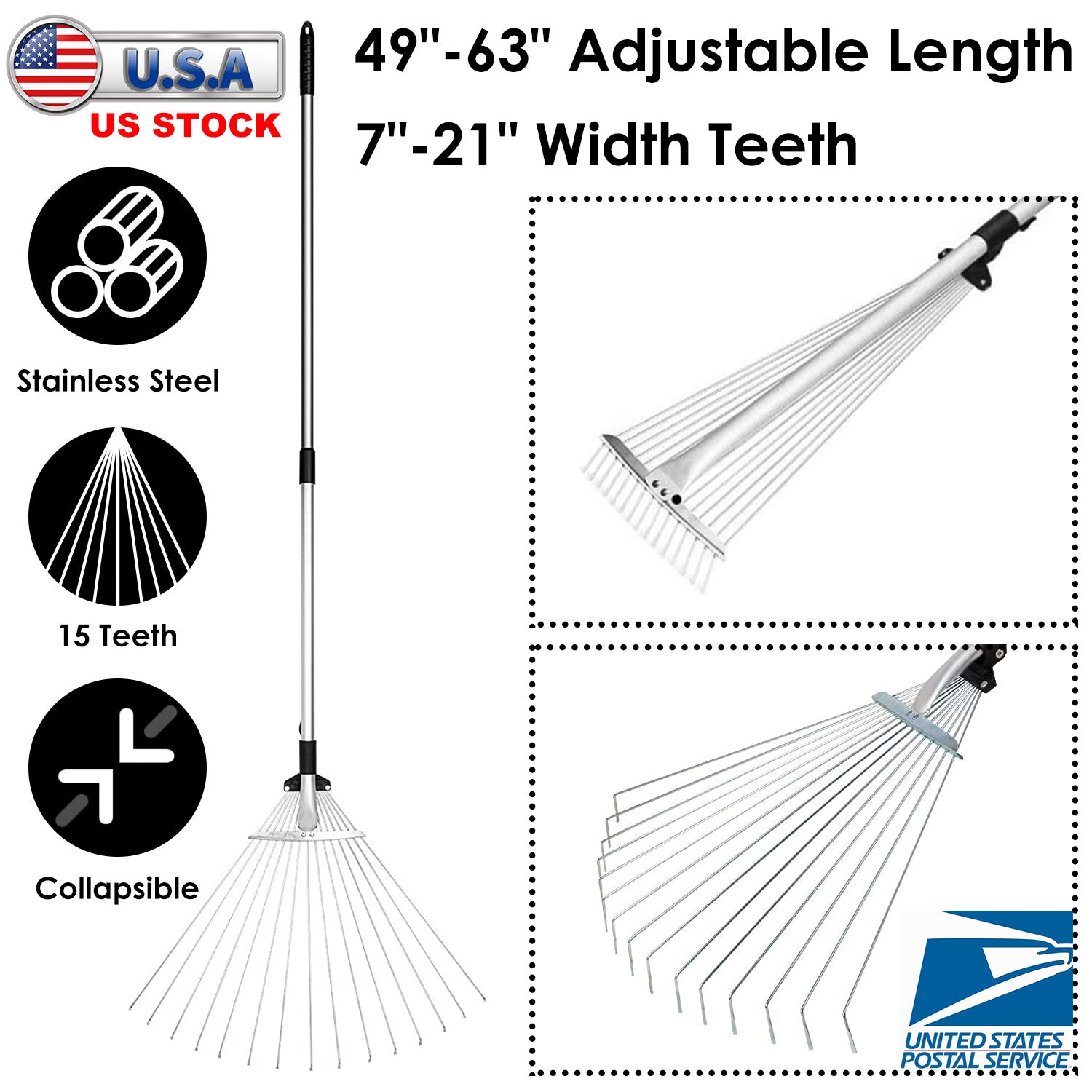 63in Adjustable Garden Leaf Rake 15 Teeth Expanding Stainless Steel Rake For Quick Clean Lawn Yard Garden w/ 7-21inch Teeth Width Folding Head
