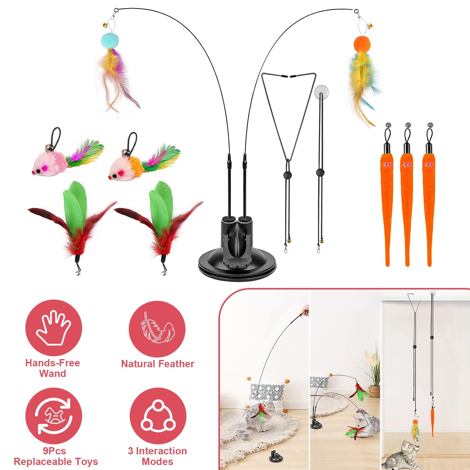 2 Cat Wand Toys with Suction Cup Double Head Interactive Cat Feather Toy 9Pcs Teaser Replacements with Bell Cats Self Playing Hanging Indoor Cat Toy