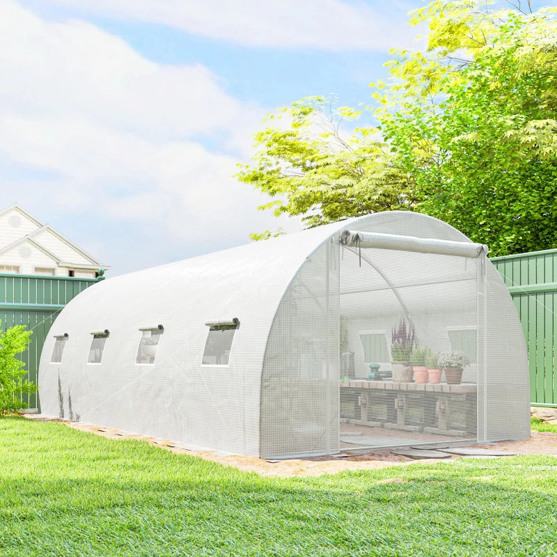 Walk-in Tunnel Greenhouse with 2 Support Rods, Mesh Door, Plant Hot House with PE Cover, 20'x10'x7', White