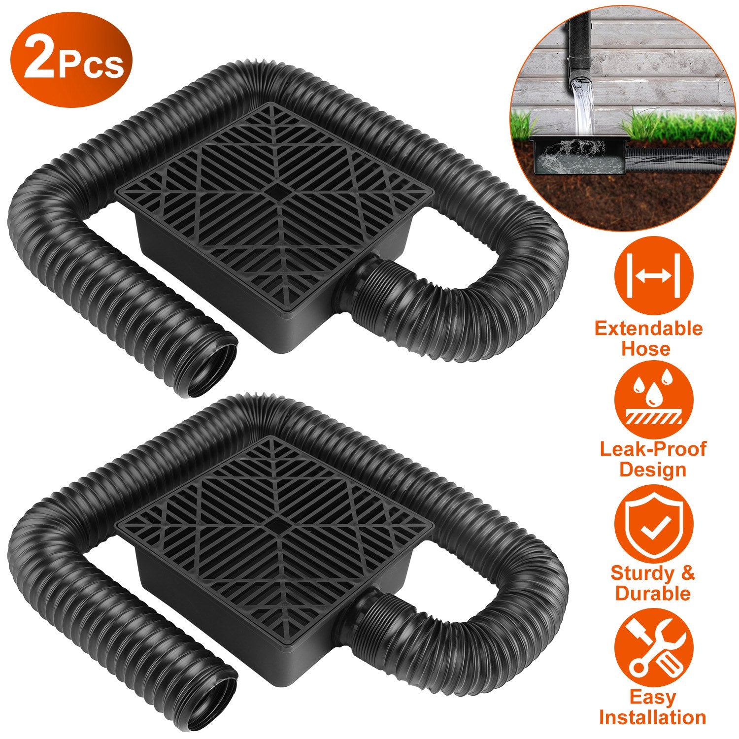 2Pcs Gutter Downspout Extension Low Profile No Deep Digging Catch Basin Downspout Extender with 4.9FT Flexible Extendable Hose For House Foundation Pr