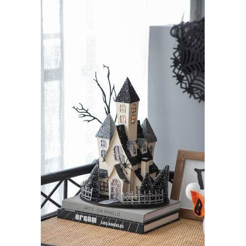 10x8.3x13.5 Cardboard Lighted Haunted House, Black Beige Tabletop Holiday Halloween Decor, Battery Powered