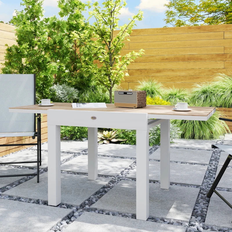 Extendable Patio Dining Table, Aluminum Frame Outdoor Patio Table with Faux Wood Top for Garden Backyard, Natural Wood