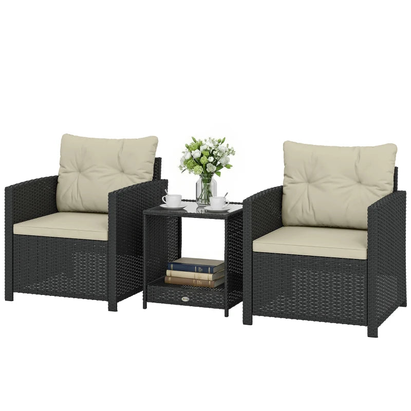 Outdoor Bistro Set, 3 Piece Wicker Patio Furniture Set with 2-Tier Glass Top Table, Cushions for Porch, Balcony, Beige