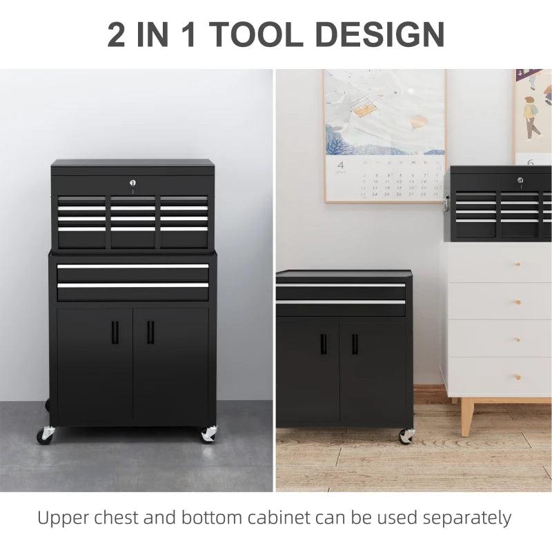 6-Drawer Rolling Tool Chest, 2 in 1 Lockable Storage Cabinet with Hooks, Metal Tool Box for Garage, Workshop, Black