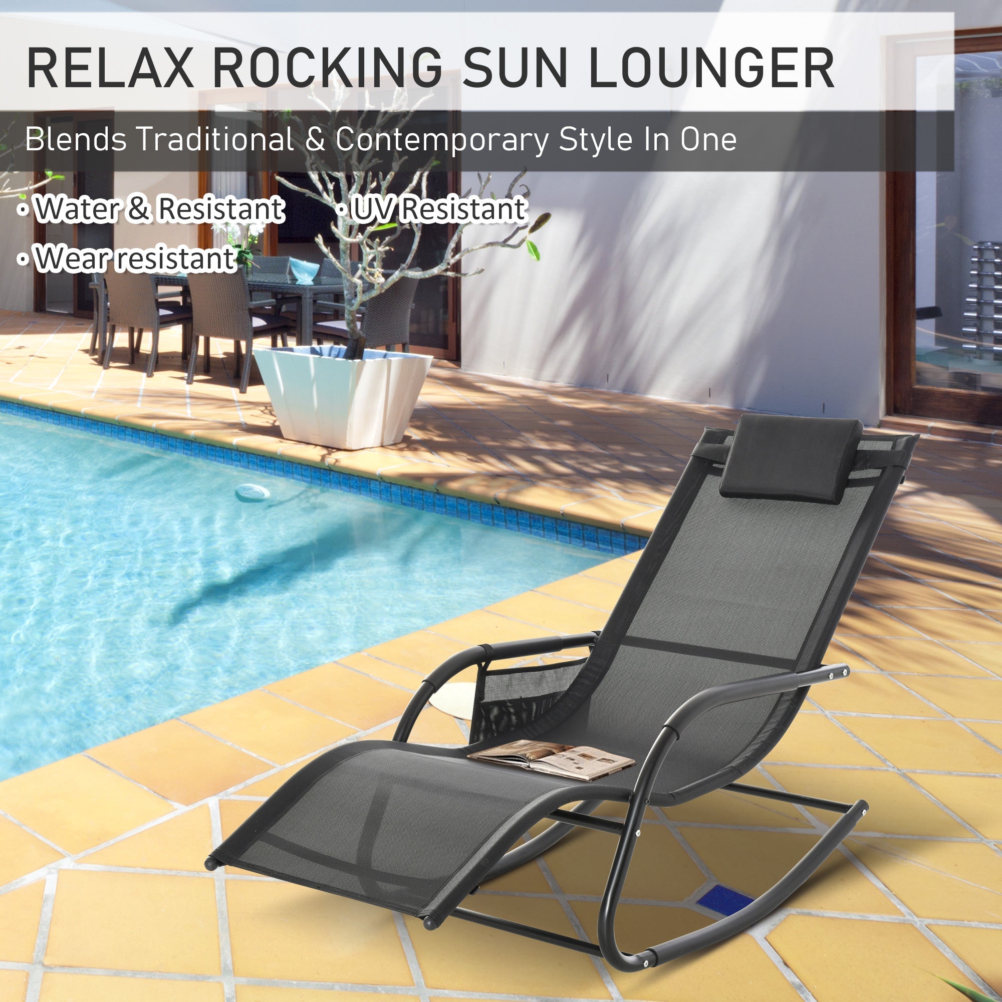 Outsunny Outdoor Rocking Recliner Sling Sun Lounger with Removable Headrest and Side Pocket for Garden Patio Deck Black