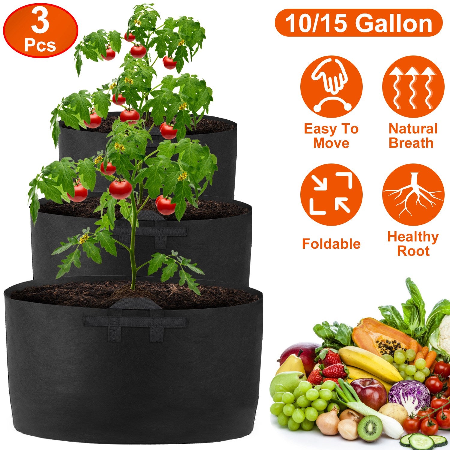 3 Pack Plant Grow Bags Potato Vegetable Planter Bags Breathable Planting Fabric Pots 15Gallons