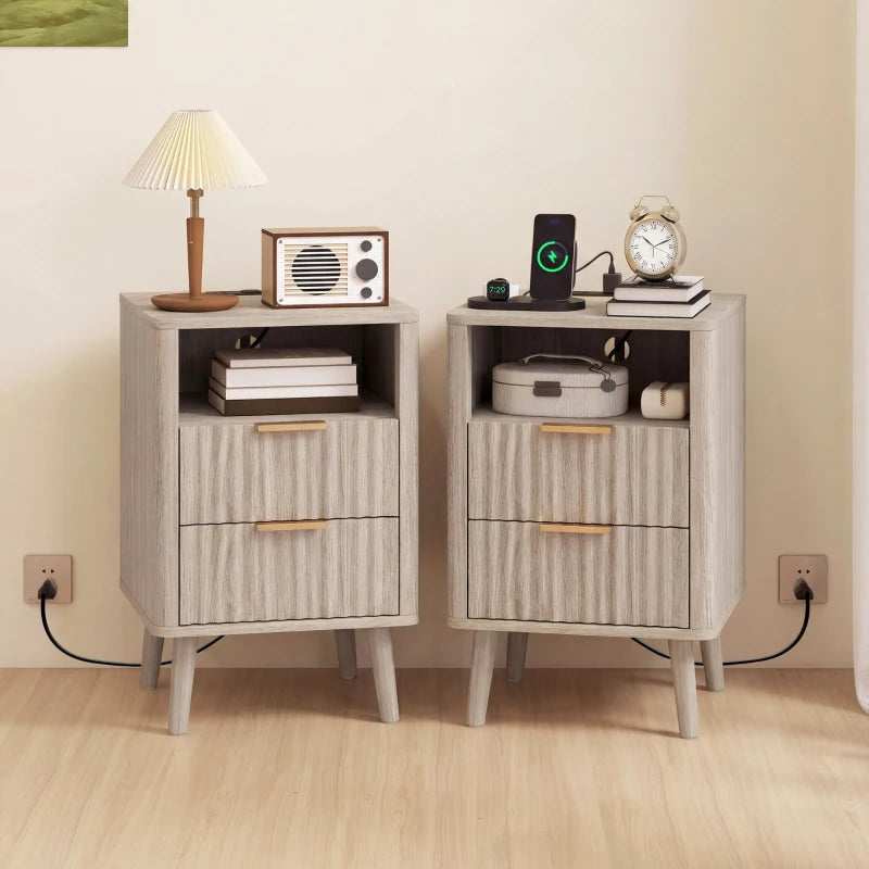 Nightstands Set of 2, Modern Bedside Tables with Charging Station, 2 Drawers and Open Shelf, Grey